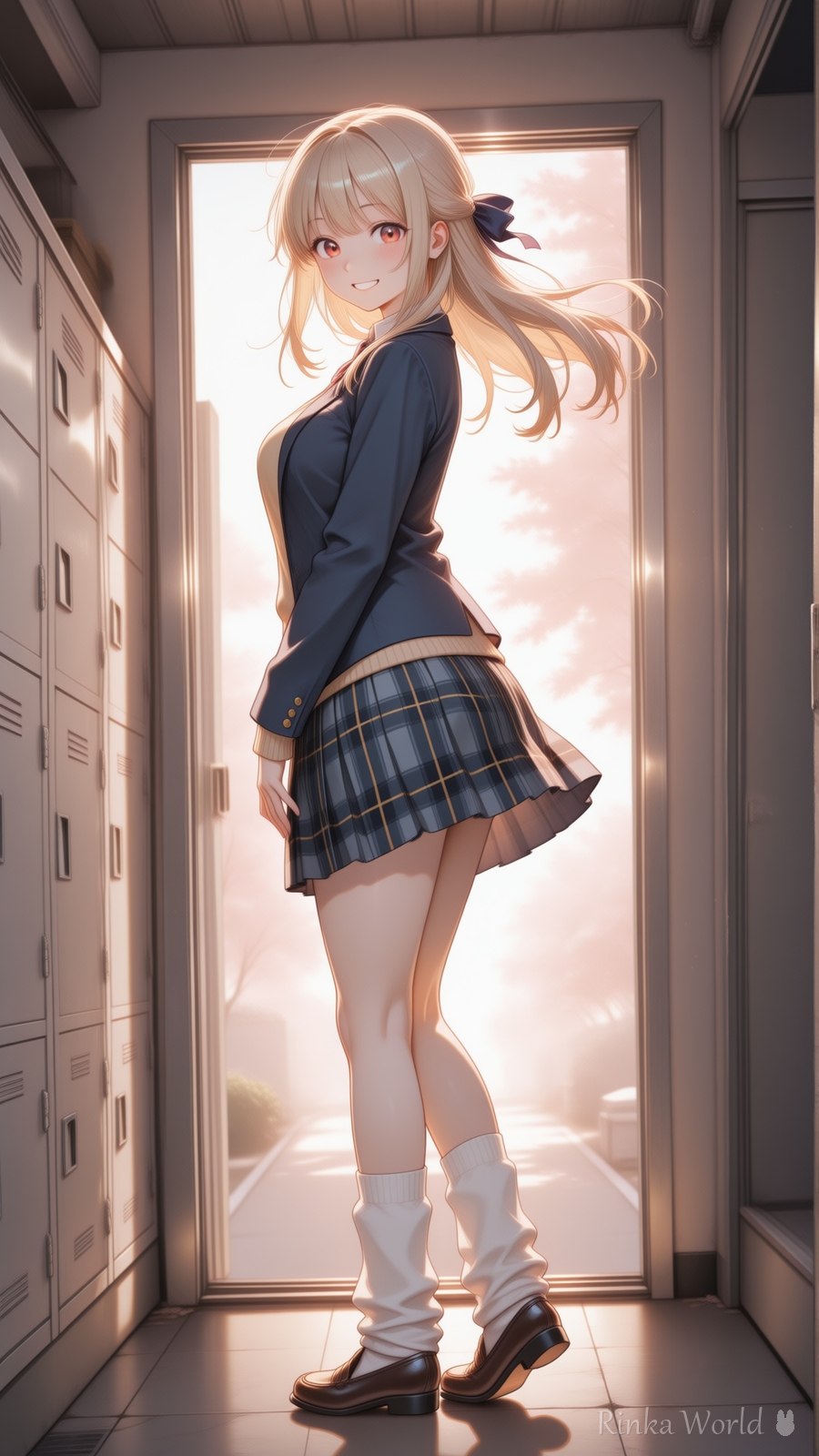 夕陽差し込む下駄箱で振り返るブレザー制服のAIイラスト｜Golden Hour Shoe Locker Anime Art