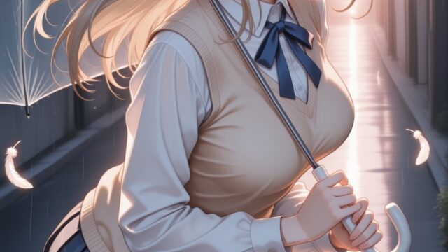 雨上がりの路地で雨傘をさす制服の女の子のAIイラスト｜Dreamy Umbrella Anime Art