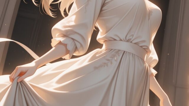 金色に煌めく回廊で舞う白いドレスのAIイラスト｜Golden Archway White Dress Anime Art