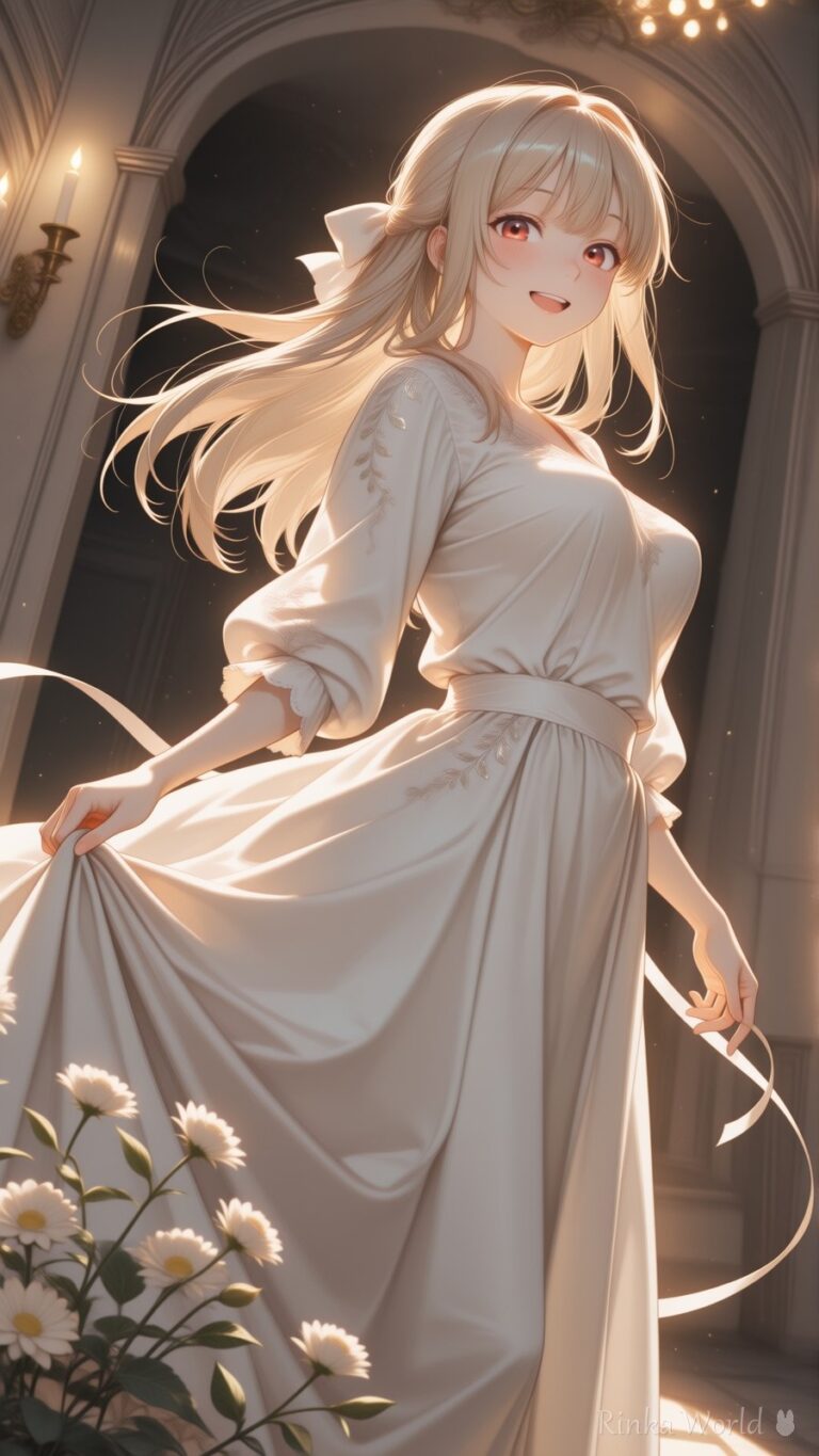 anime girl in a flowing white dress twirling in a golden stone archway, soft backlighting, dreamy aesthetic anime wallpaper