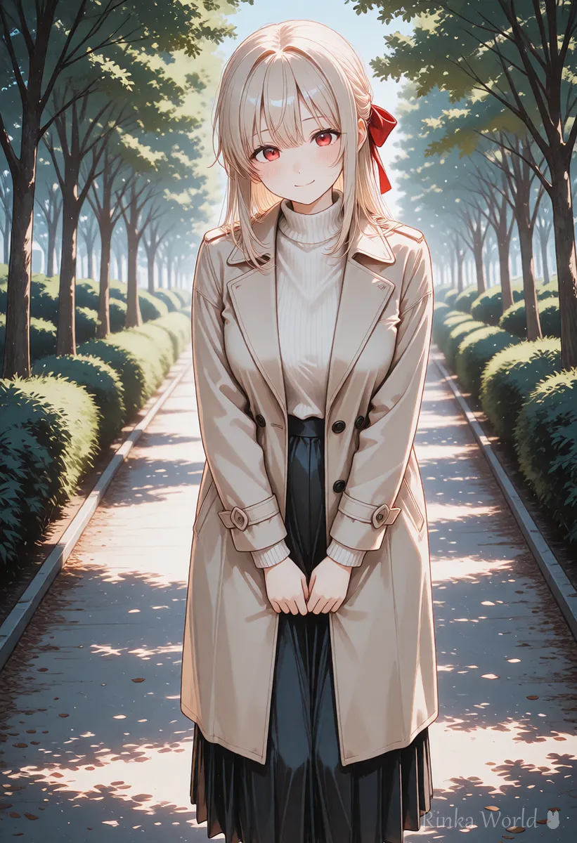 公園の小道に立つ全身の女の子のイラスト　顔が小さく写りADetailerを使いたくなる構図の例