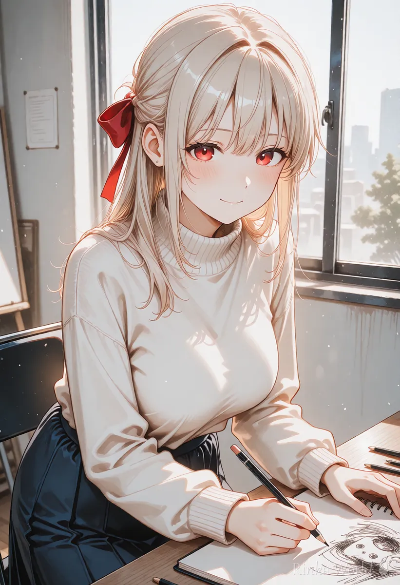 スケッチブックにオリジナルのキャラクターを描く女の子のアニメイラスト　自分の作品を作るイメージ