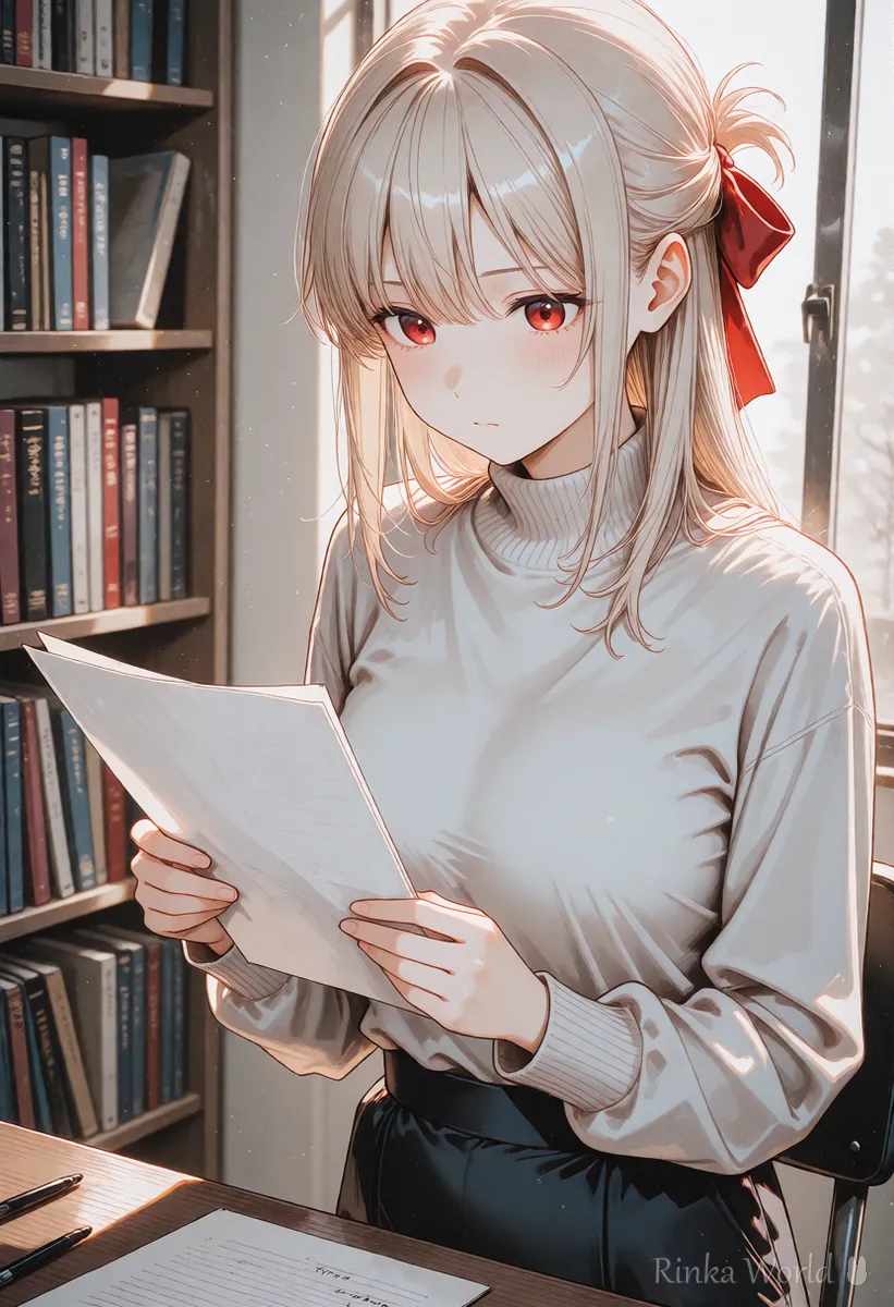 机で資料を読んで確かめる女の子のアニメイラスト　AIイラストの著作権を確認するイメージ