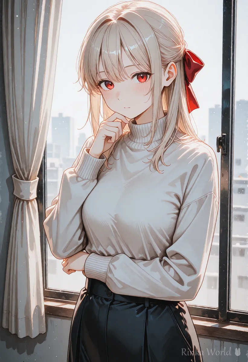 窓辺で考えごとをする女の子のアニメイラスト　公開する前に立ち止まって確認するイメージ