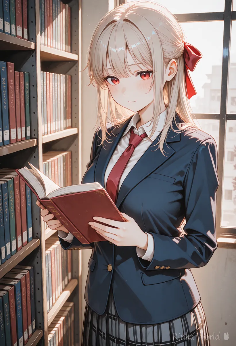 図書室で本を開いて調べものをする女の子のアニメイラスト　初心者が用語を学ぶイメージ
