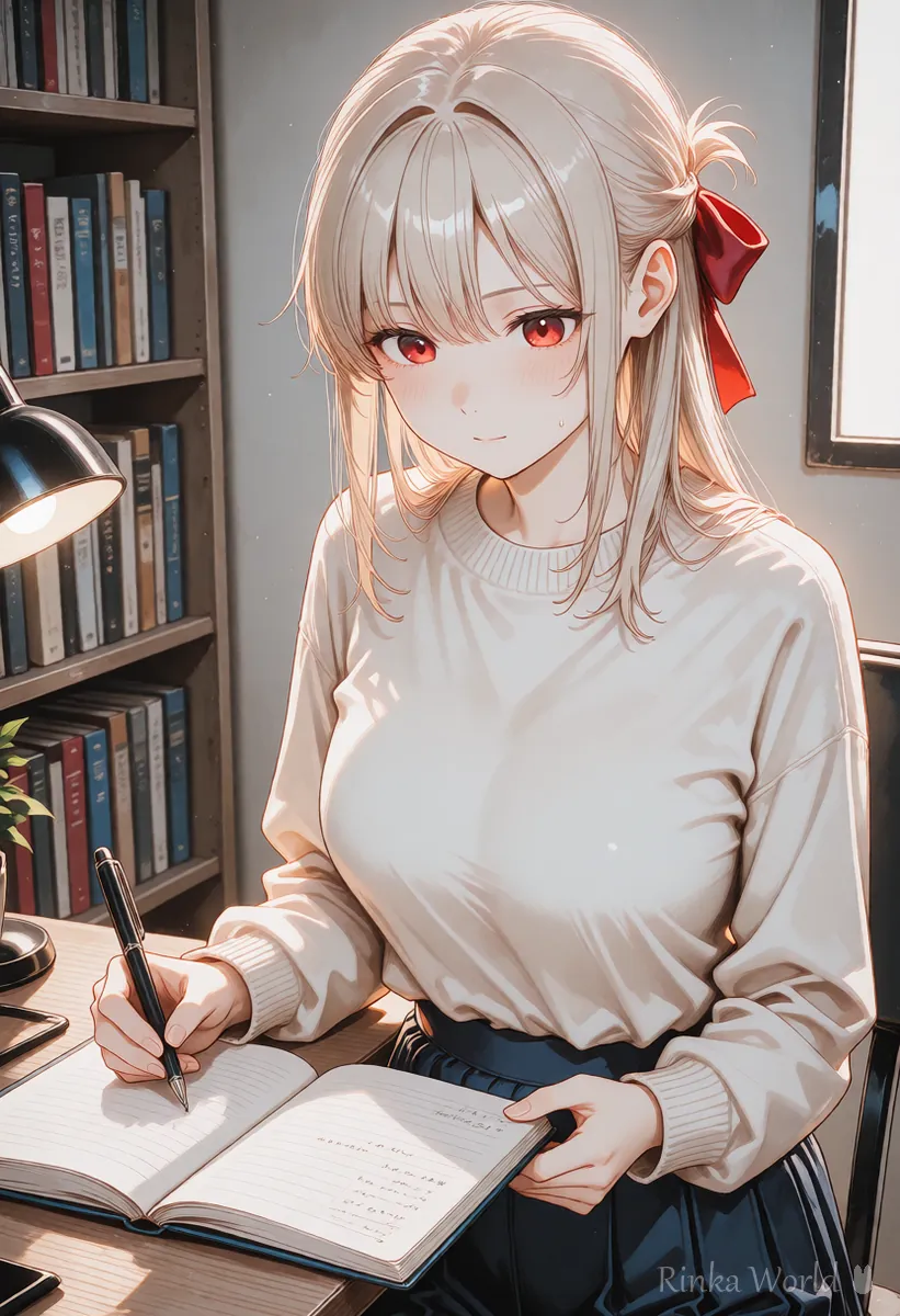 机でノートを見ながら用語を確かめる女の子のアニメイラスト　AIイラストの用語集のイメージ