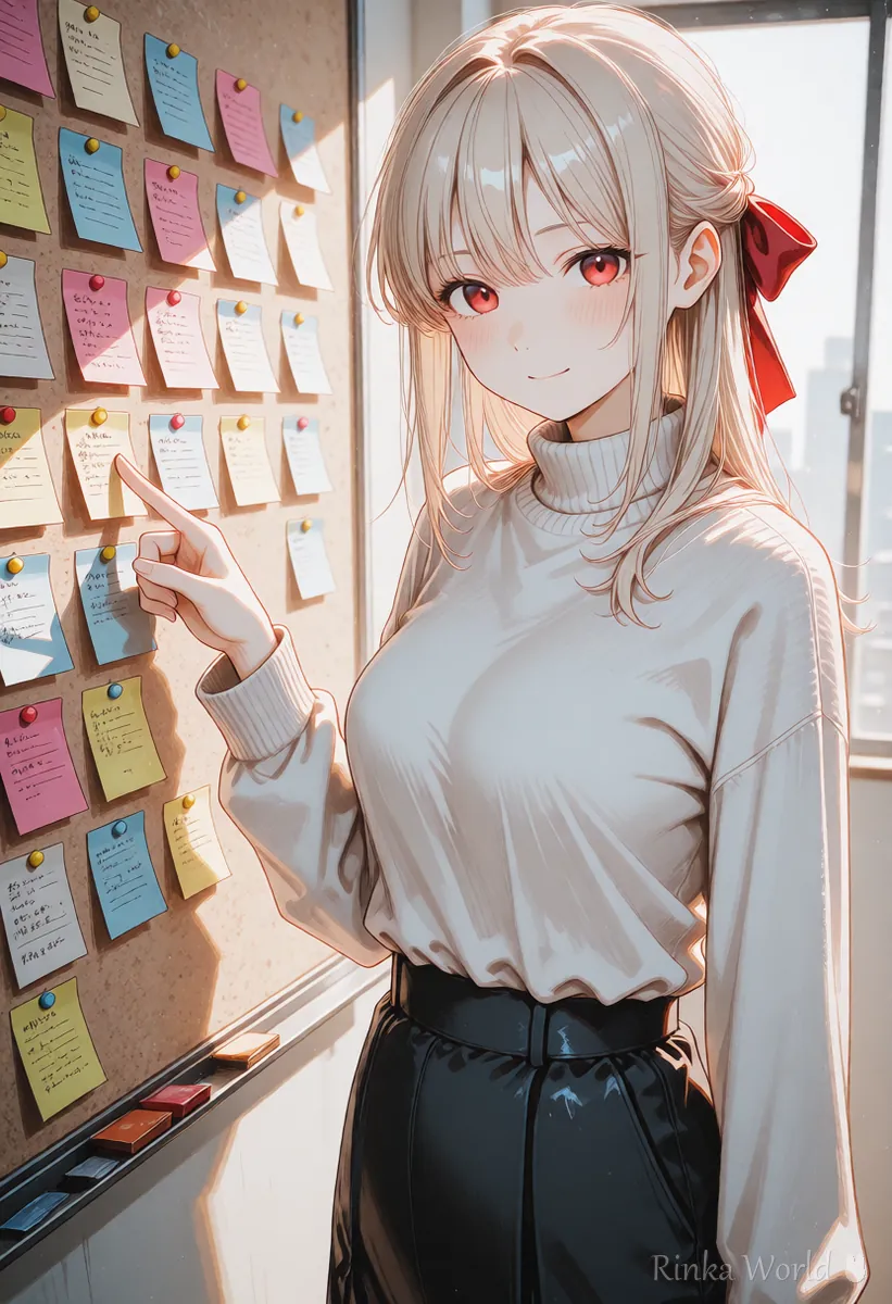 壁の付箋を見て考えをまとめる女の子のアニメイラスト　用語をグループ分けして覚えるイメージ