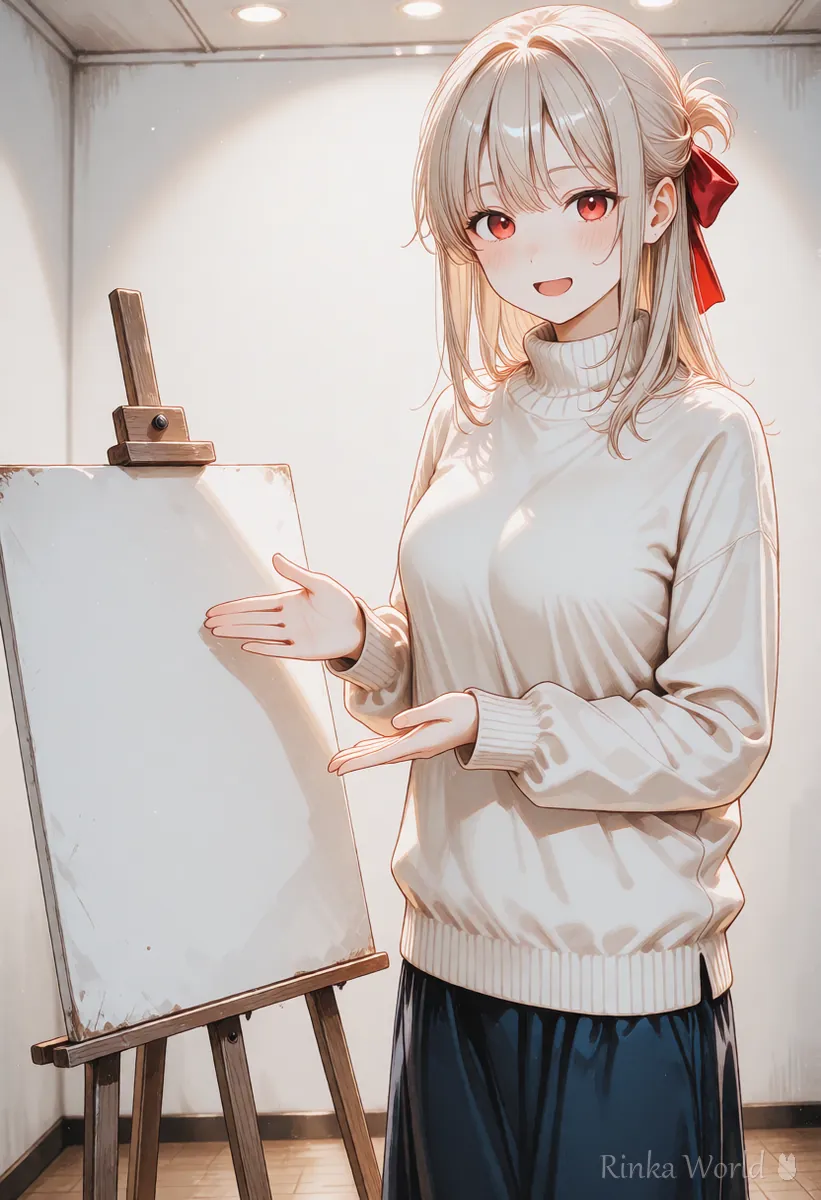 無地の小さな看板の横でほほえむ女の子のアニメイラスト　AI生成であることを分かりやすく伝えるイメージ