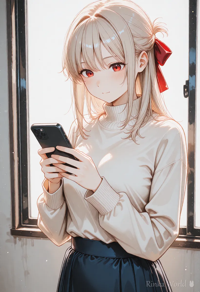 スマホの画面を確かめる女の子のアニメイラスト　SNSに投稿する前にAI生成の表示を確認するイメージ