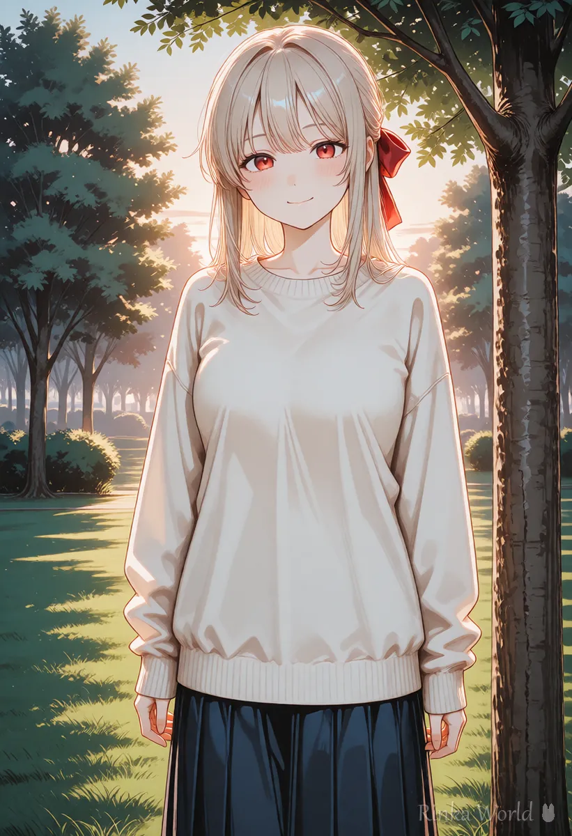 夕方のあたたかい光の公園に立つアニメの女の子のイラスト（光と構図を足した例）