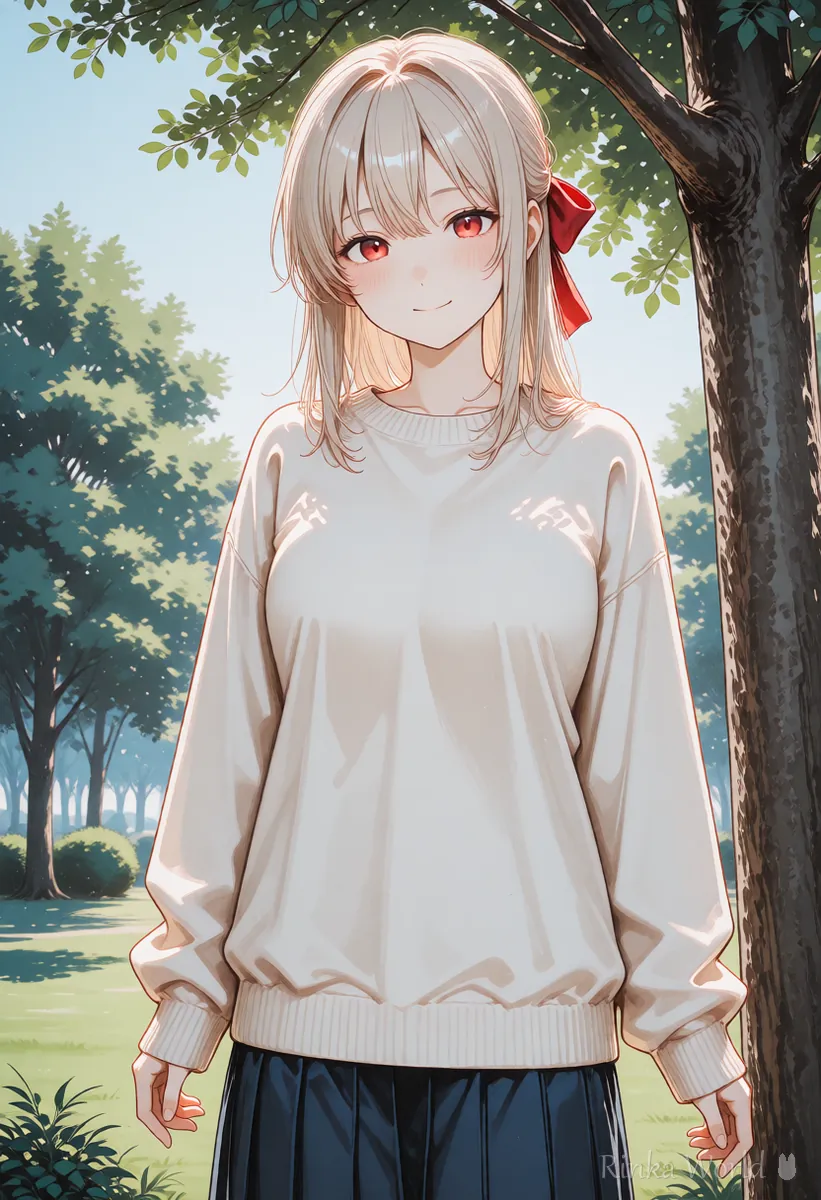 公園の木の下でほほえむアニメの女の子のイラスト（場所を足した例）
