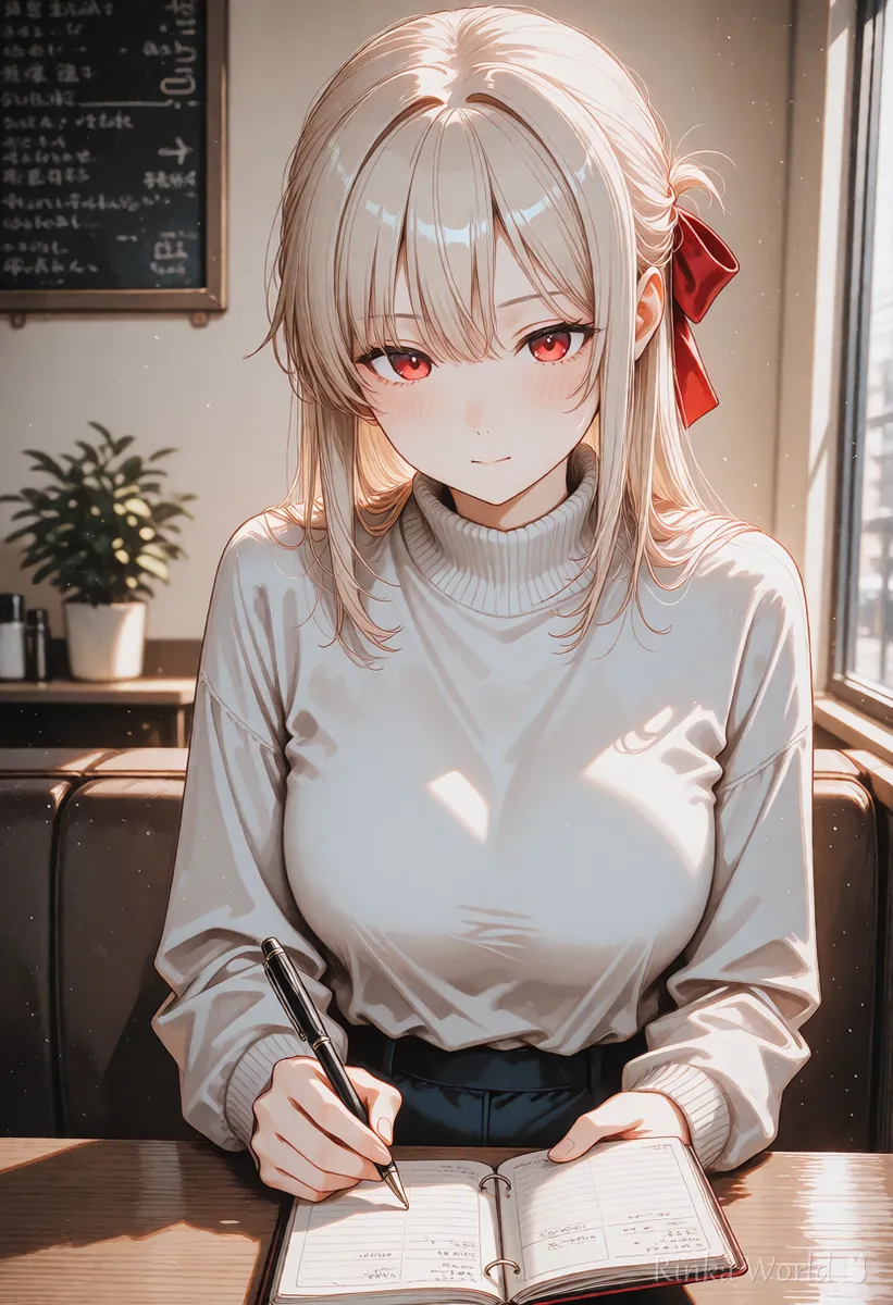 手帳にメモをとる女の子のアニメイラスト　商用利用の条件を記録しておくイメージ