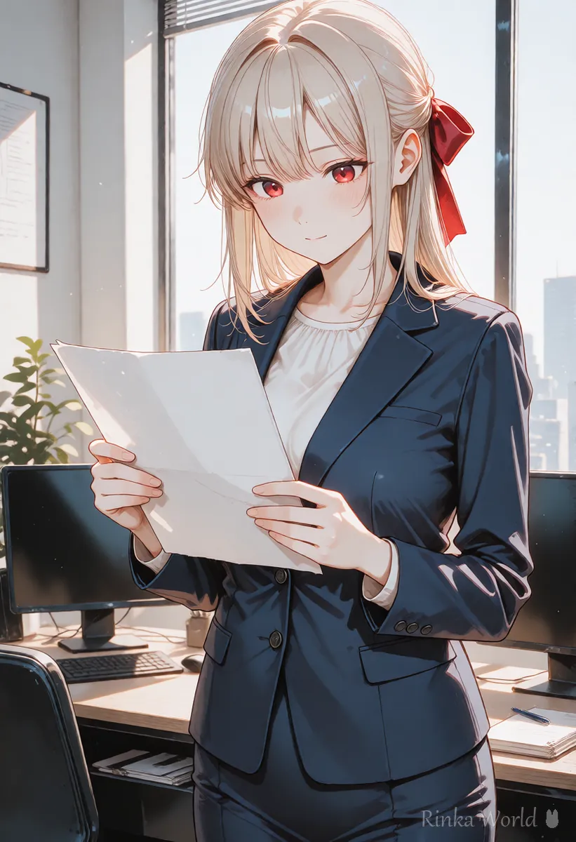 オフィスで書類を確認する女の子のアニメイラスト　AI画像を商用利用する前の確認のイメージ