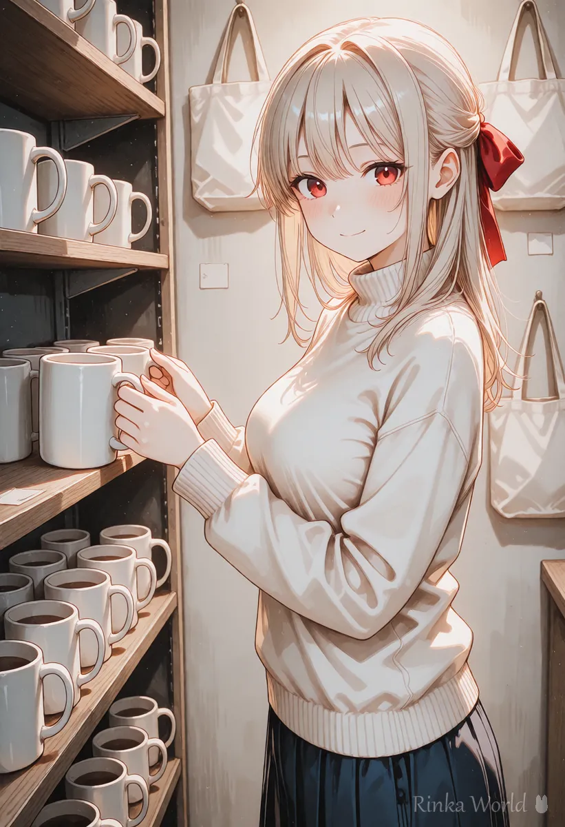 お店の棚に無地のグッズを並べる女の子のアニメイラスト　AI画像をグッズにする前の確認のイメージ