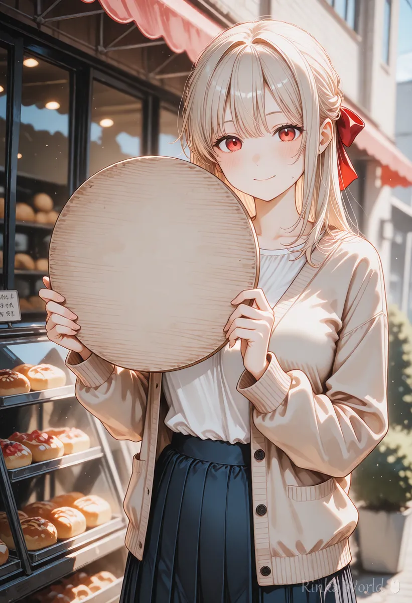 無地の丸い看板を両手で持つ女の子のイラスト　あとからロゴや店名を入れる例