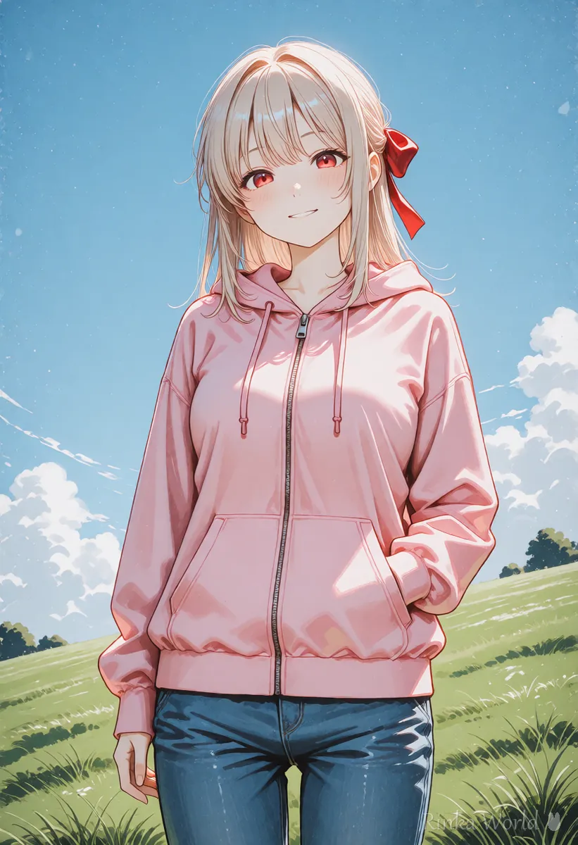 電線のないすっきりした青空の下に立つ女の子のアニメイラスト 写り込みを消した後のイメージ