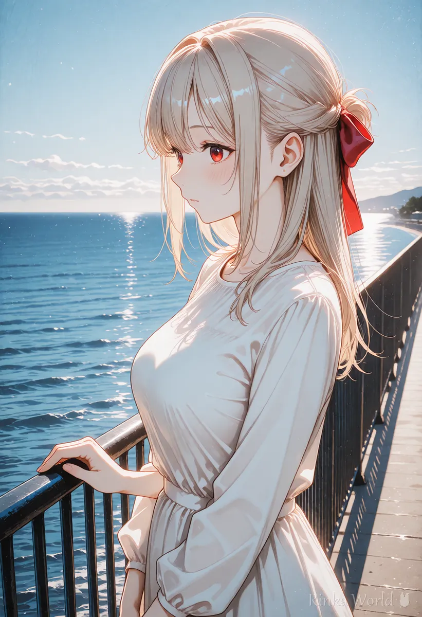 通行人のいない静かな海辺の遊歩道に立つ女の子のアニメイラスト