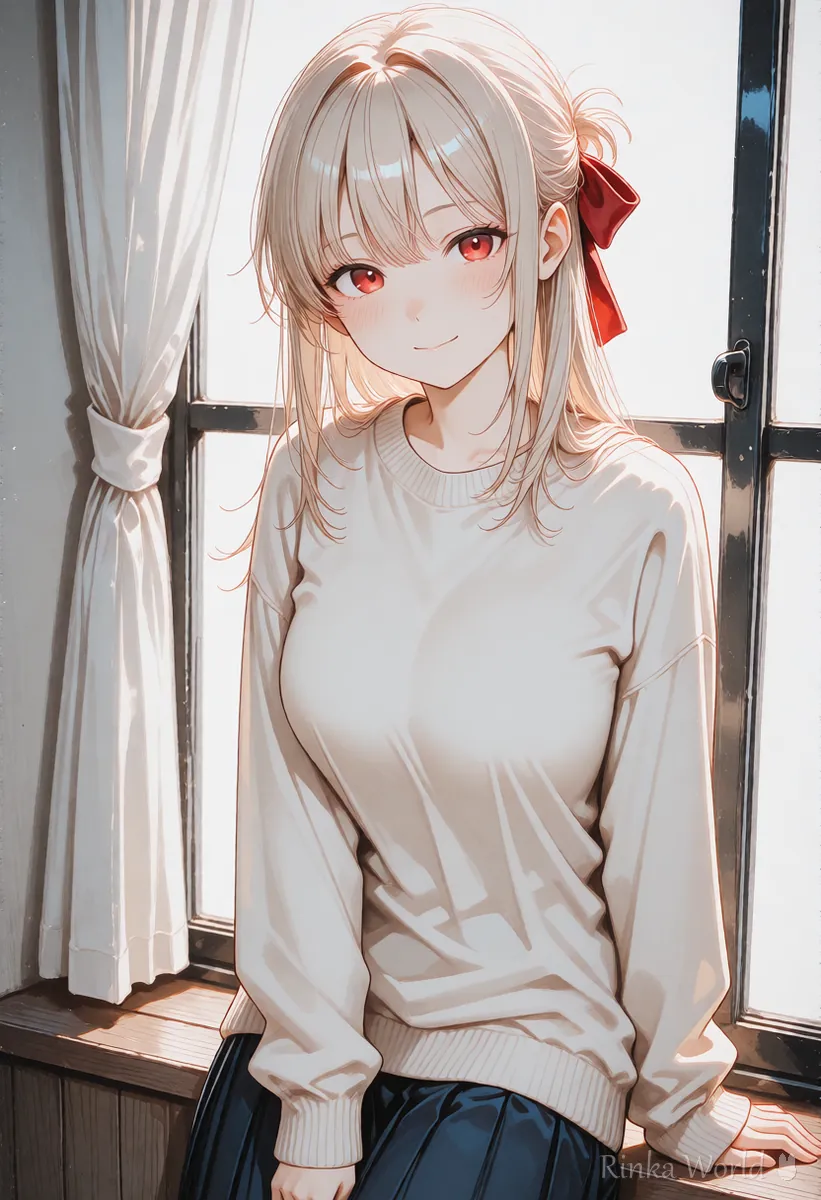 The same girl at the same window smiling toward the viewer, an end frame for a start and end image video