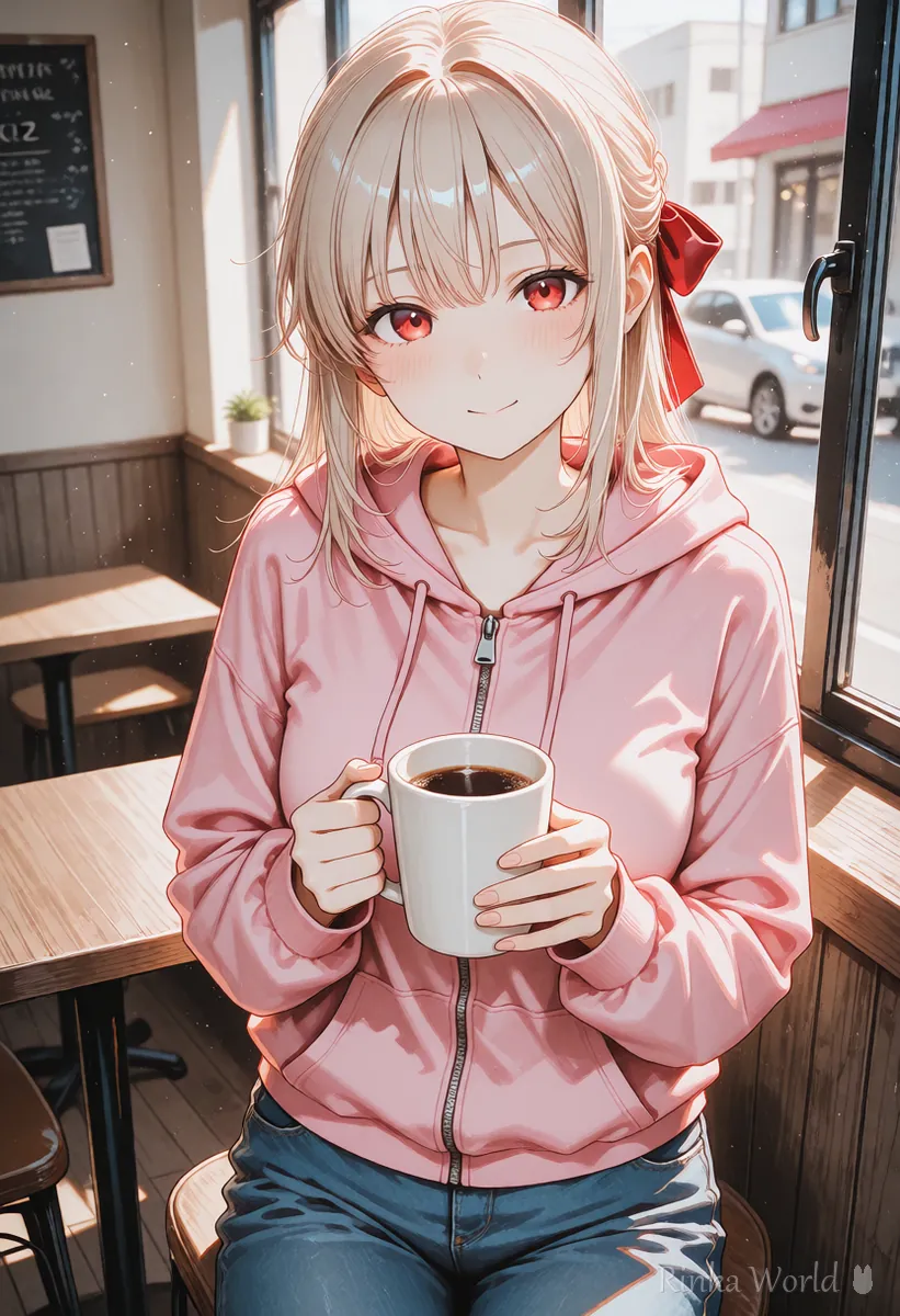 Anime girl holding a mug with both hands by a cafe window, a first frame for a steam and gentle motion prompt