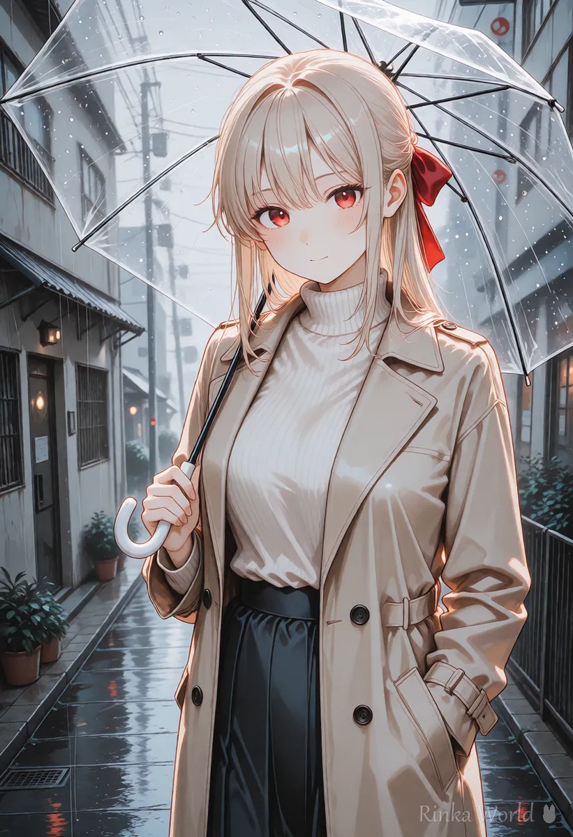 Anime girl holding a clear umbrella on a rainy day, a first frame that suits a video prompt example