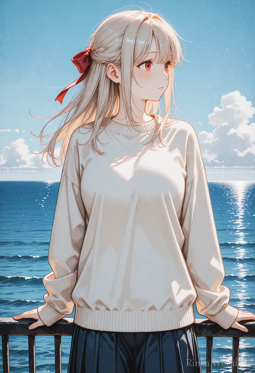 Anime girl by a seaside railing with long hair ready to blow in the wind, a first frame for motion prompt examples