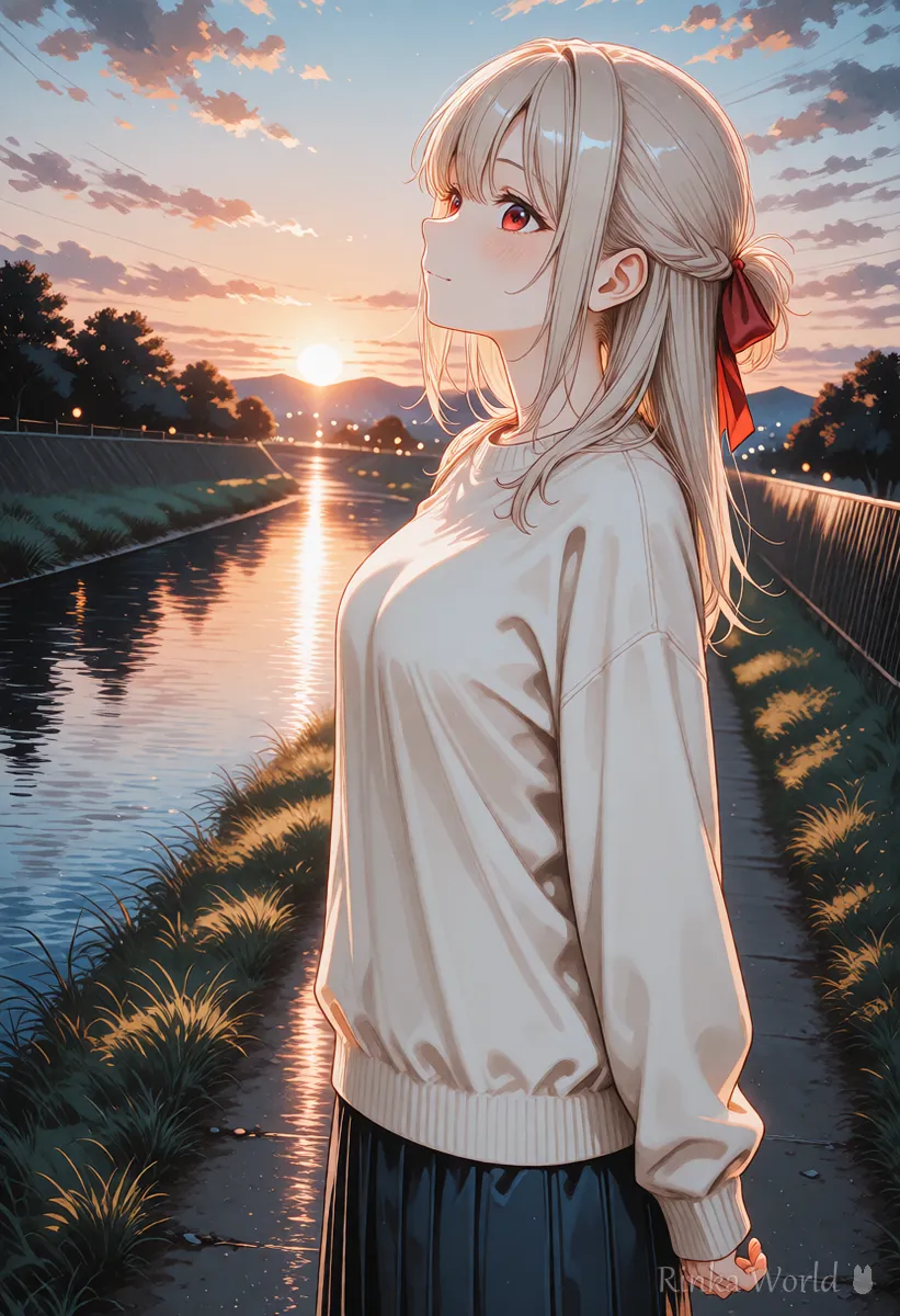 川沿いで立ち止まって空を見上げる女の子のイラスト　続きのカットの例