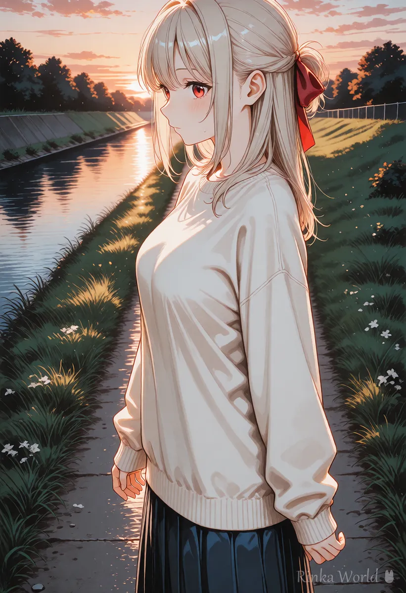 夕方の川沿いを歩く女の子のアニメイラスト　長い動画の1本目に使う絵の例