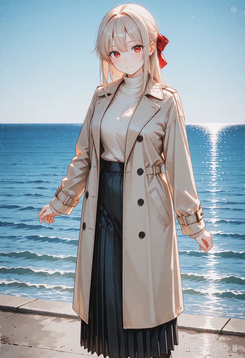 Anime girl at a seaside with a perfectly level horizon, a stable composition that avoids a shaky look