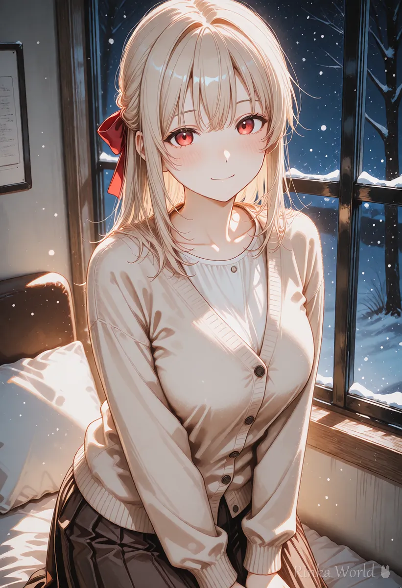 雪の降る窓辺で静かにほほえむ女の子のイラスト 背景だけ動くループ動画向け