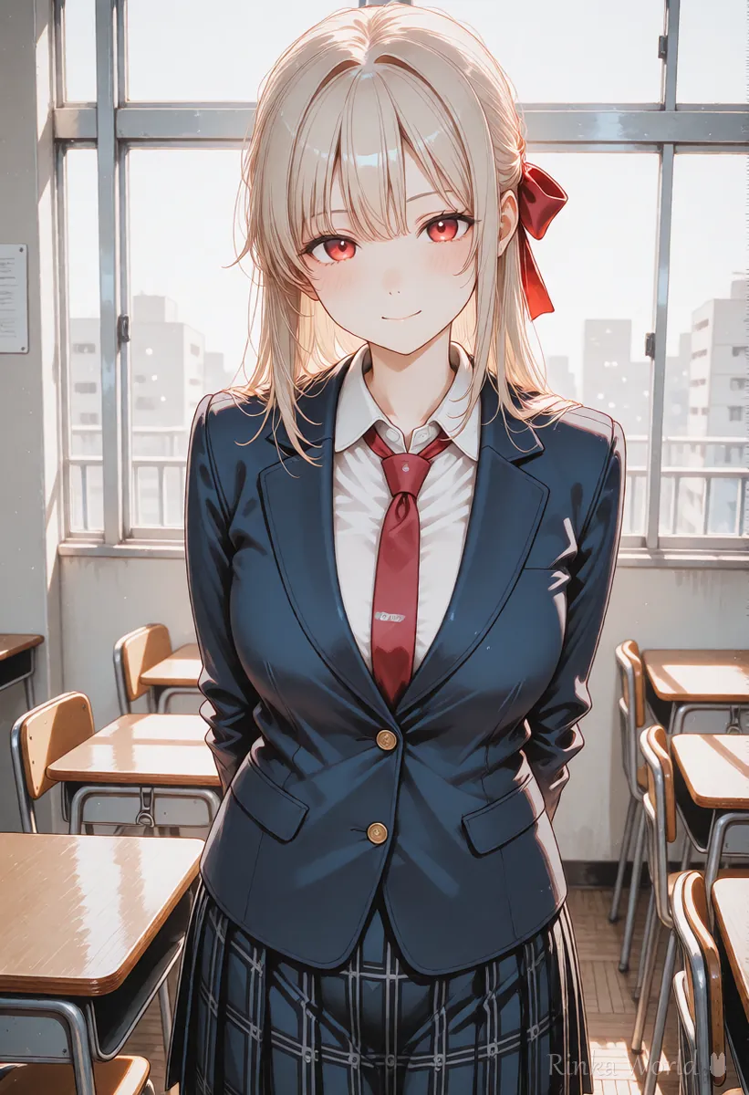 ブレザー姿のアニメの女の子が教室に立つイラスト、AI動画でキャラの顔をそろえる1カット目の例