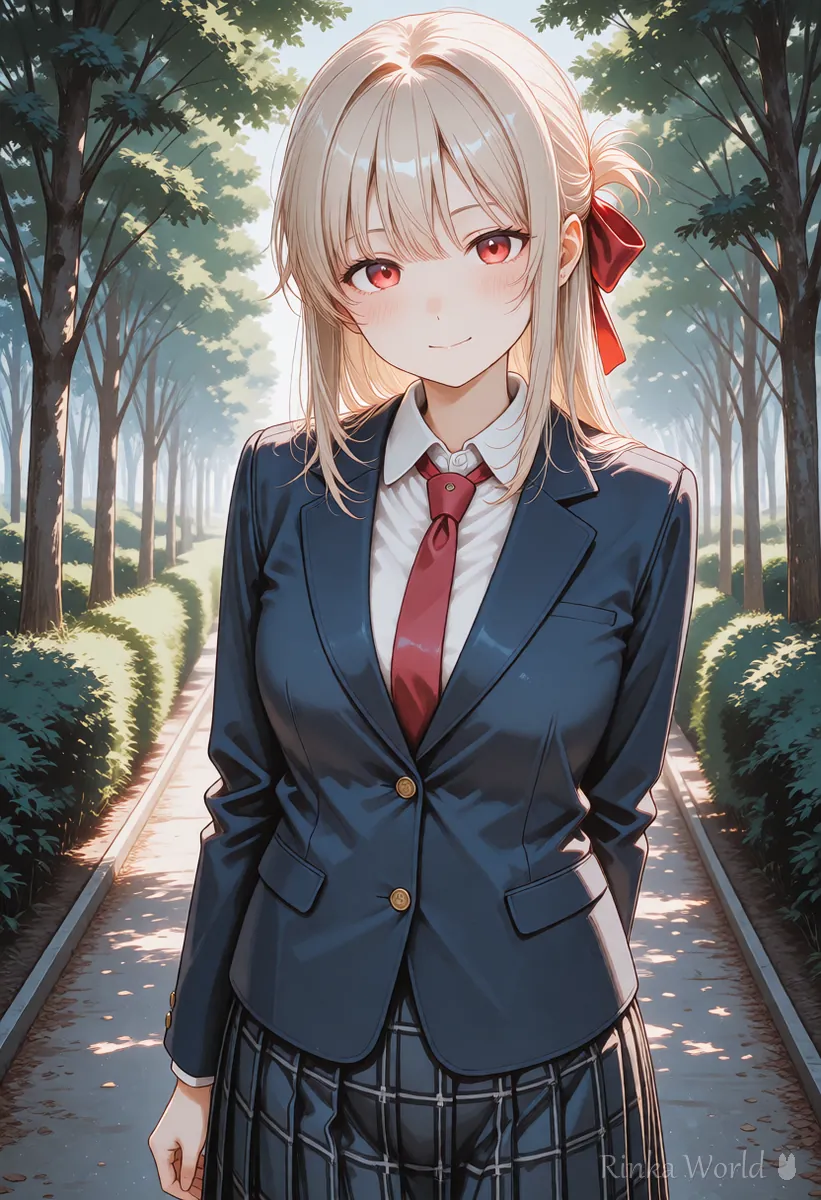 同じブレザー姿の女の子が公園の並木道に立つイラスト、キャラの一貫性を見比べるための2カット目の例