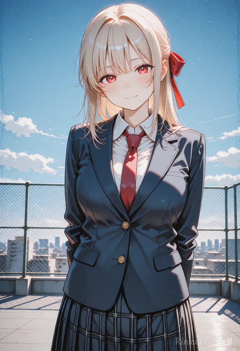 同じ服装の女の子が学校の屋上で青空を背にして立つイラスト、AI動画の3カット目に使う絵の例