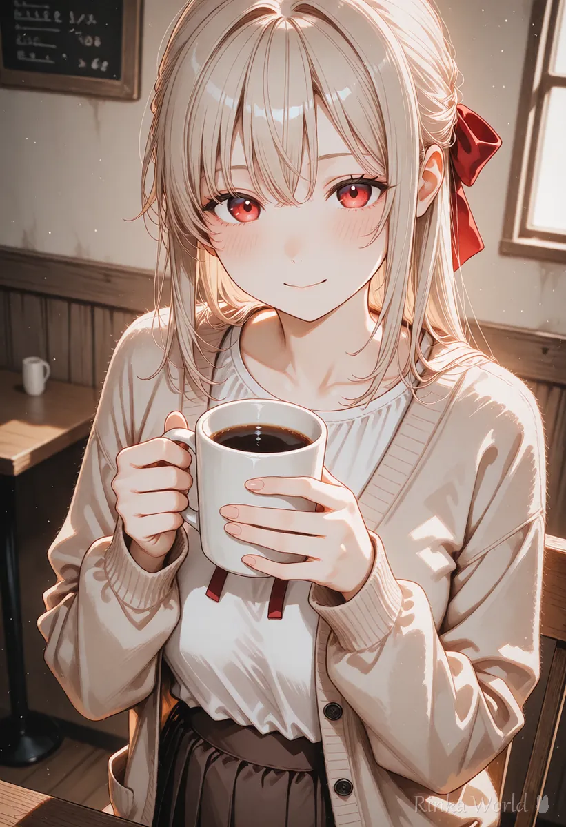 カフェでカップを持つ女の子のアニメイラスト　落ち着いたBGMが合う動画の例