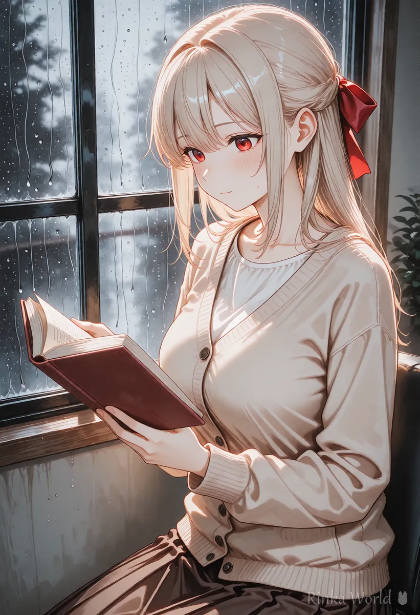 雨の日の窓辺で本を読む女の子のアニメイラスト　雨音の効果音が合う動画の例
