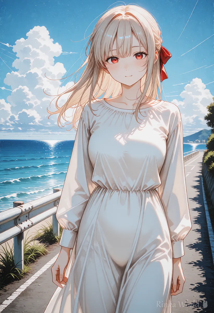晴れた海沿いの道を歩く女の子のイラスト　波や風の音をつける動画の例