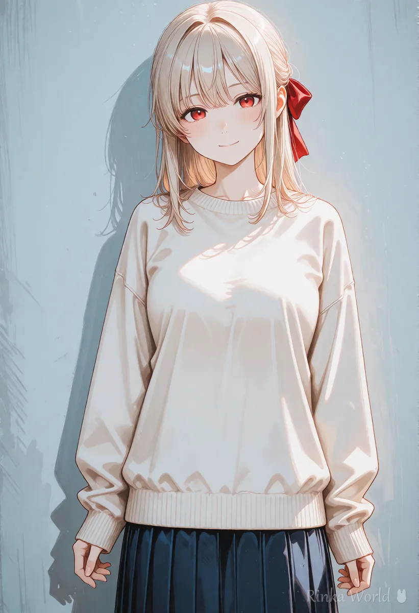 Anime girl facing front in the center with a simple background, a first frame that keeps the camera steady