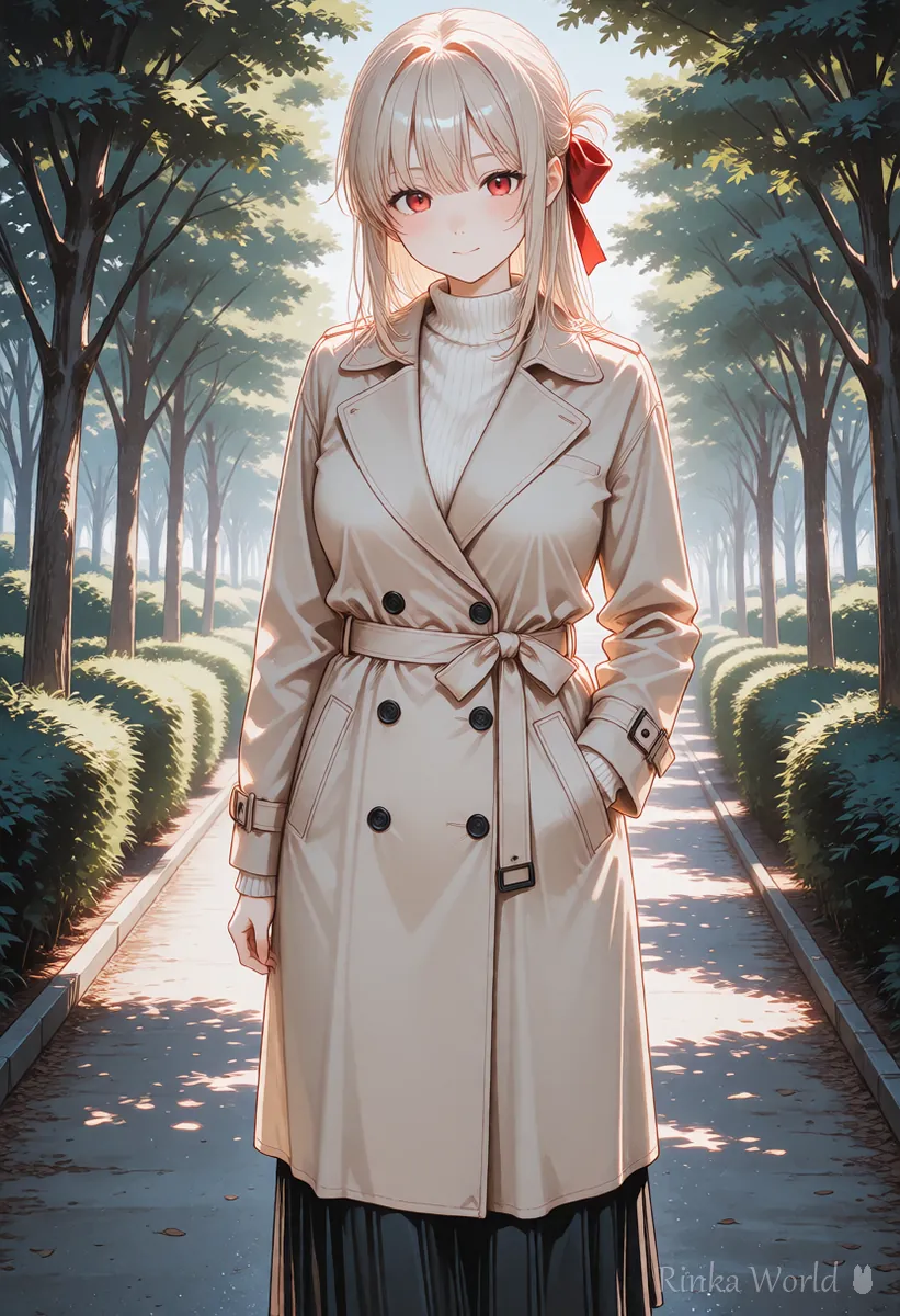 Wide shot of an anime girl standing small on a park path, an example of matching the background for start and end frames