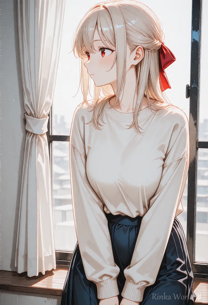 Anime girl looking away toward a window, a start frame for a start and end image video