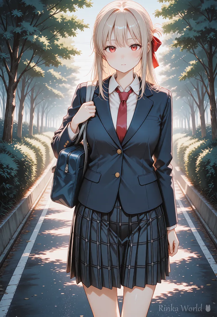 朝の通学路に小さく立つアニメの女の子の引きの絵、AI動画の絵コンテの1カット目の例