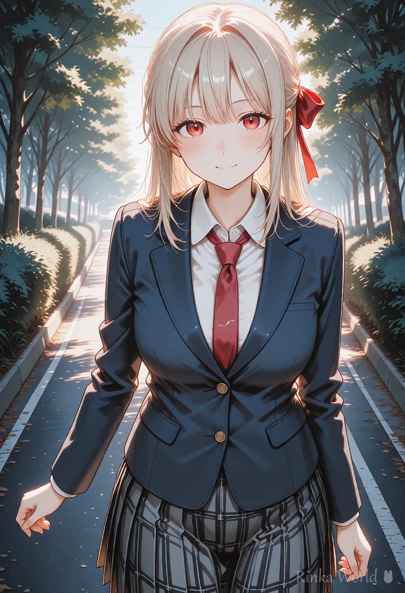 通学路を歩く制服のアニメの女の子の中くらいの絵、AI動画の絵コンテの2カット目の例
