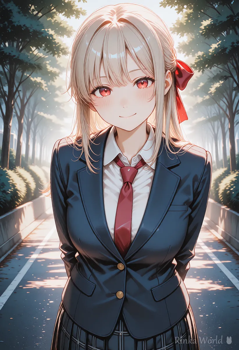 朝の光の中でほほえむ制服のアニメの女の子の顔まわり、AI動画の絵コンテの3カット目の例