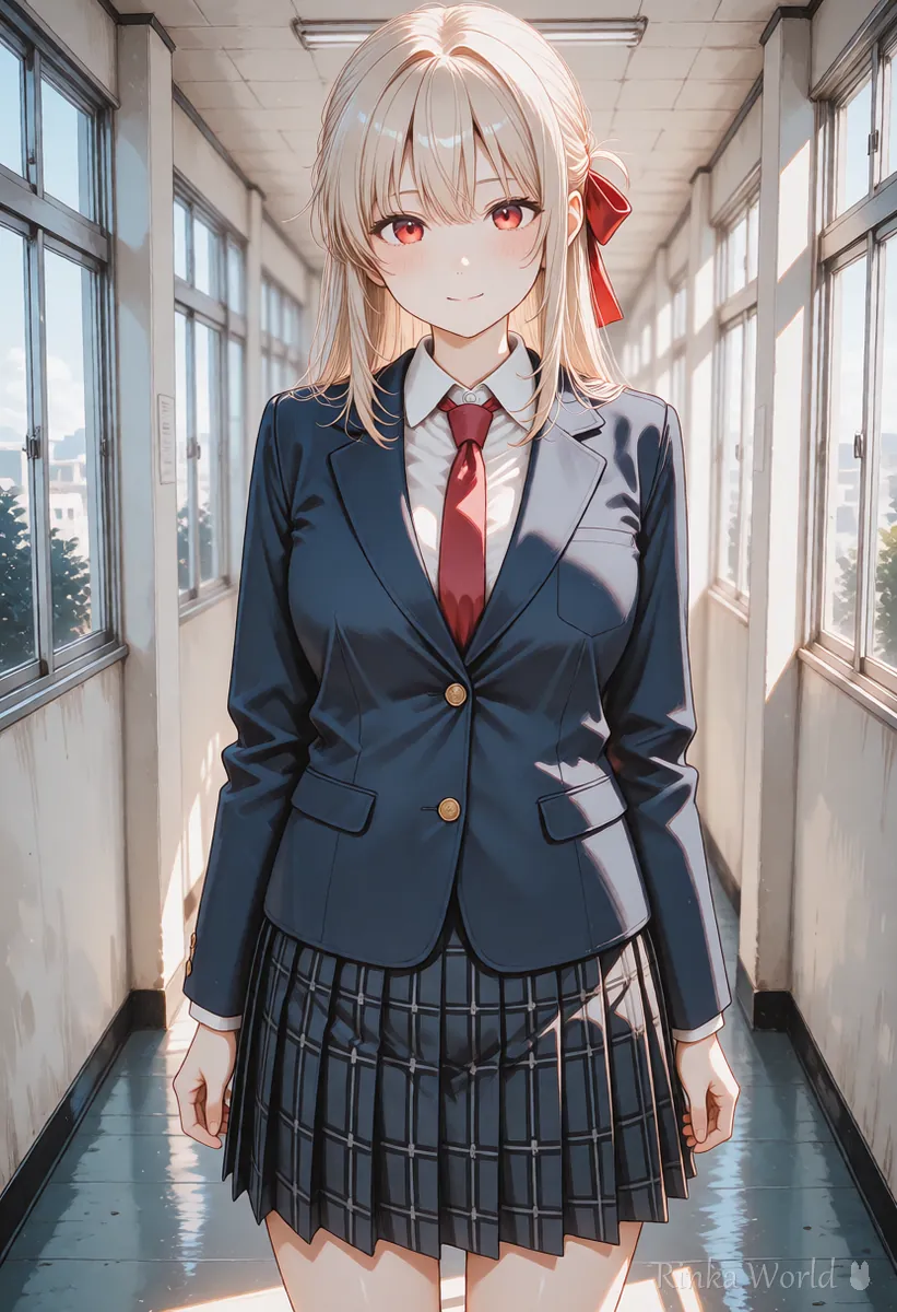 Anime girl standing in the center of a symmetric school hallway, a first frame that looks stable on camera