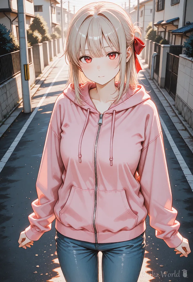 奥へ続く静かな街角に立つアニメの女の子、短いプロンプトでAI動画を試す1コマ目の例