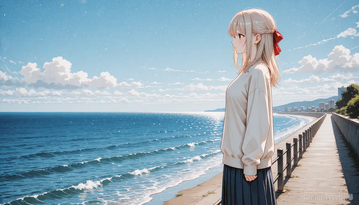 横長16:9の比率で描いた海辺のアニメの女の子のイラスト、横長の動画向けの1コマ目の例