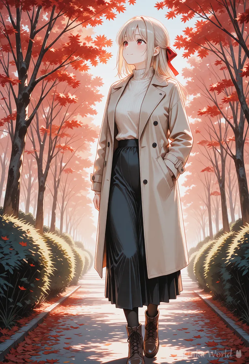 紅葉の公園を歩くアニメの女の子の全身イラストの作例