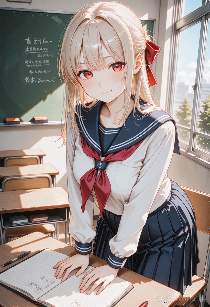 窓から光が入る教室で座るアニメの女の子のイラスト（Animagine XLのプロンプトの作例イメージ）