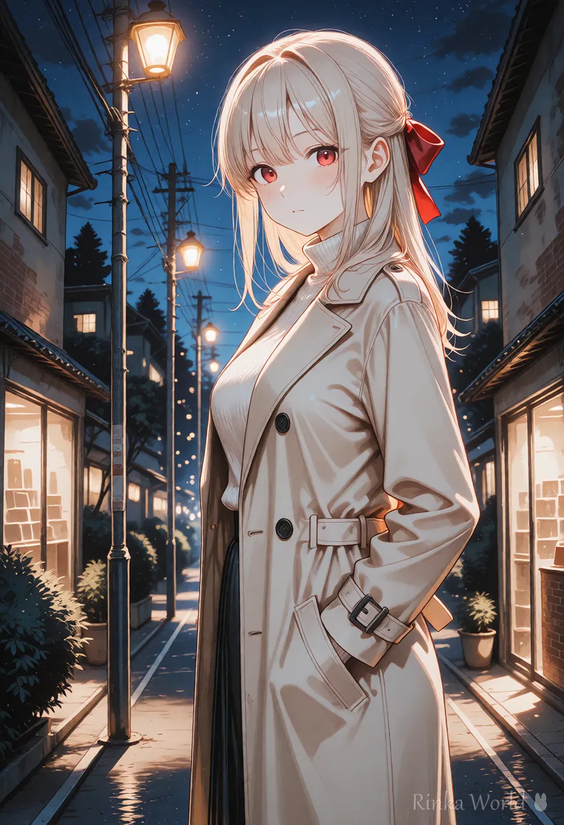夜の街灯の下に立つアニメの女の子のイラスト（夜の背景の作例）
