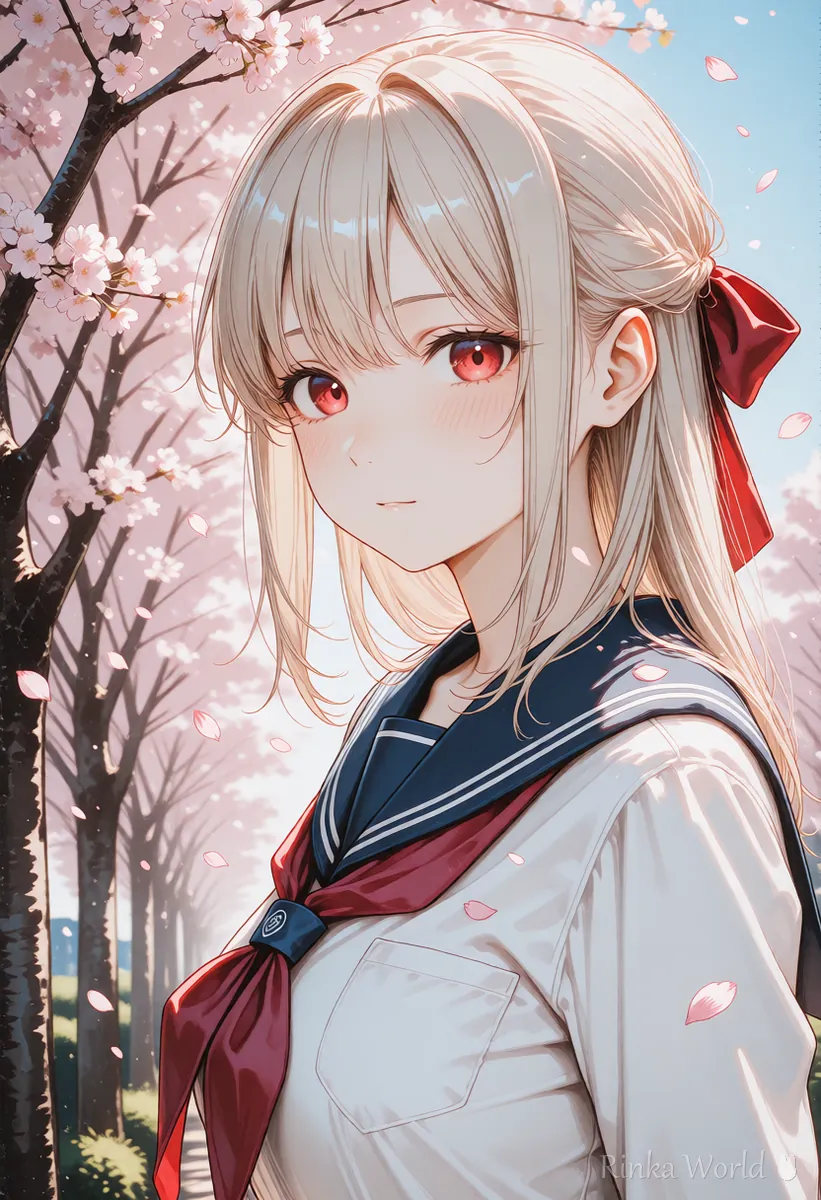 桜の花びらが舞う中で少し横を向く女の子のアニメイラスト　ふり向く動画の1コマ目
