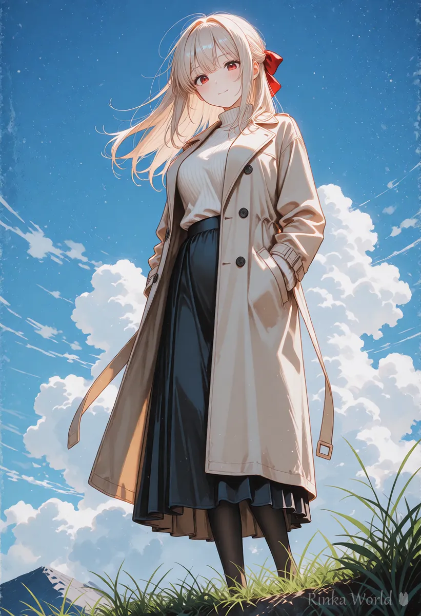 Low-angle full-body anime illustration of a girl standing on a hill