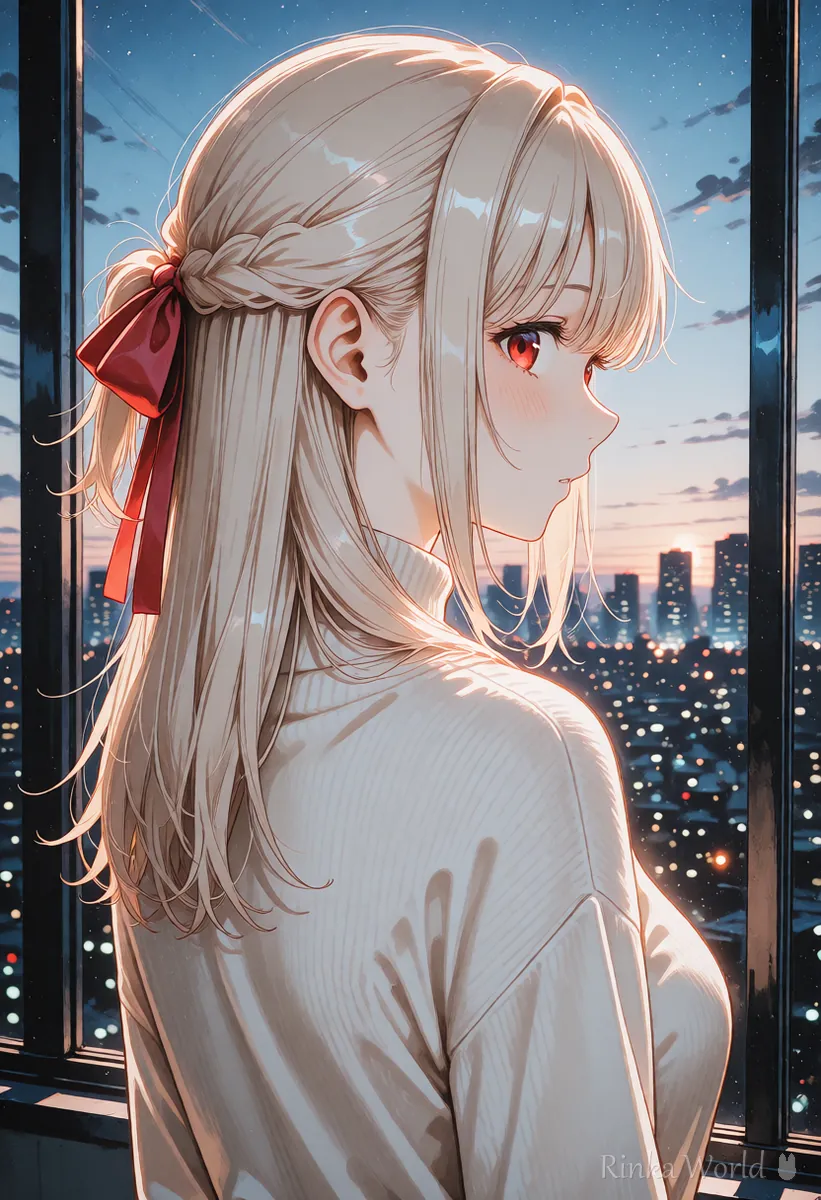 Over-the-shoulder shot of an anime girl looking out of a window